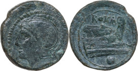 Anonymous semilibral series. AE Uncia, Campanian mint (Capua/Cales), 217-216 BC. Obv. Helmeted head of Roma left; behind, pellet. Rev. Prow right; abo...