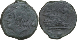 Anonymous semilibral series. AE Uncia, Campanian mint (Capua/Cales) 217-216 BC. Obv. Helmeted head of Roma left; behind, pellet. Rev. Prow right; abov...