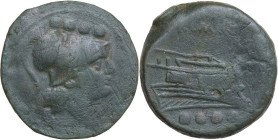 Anonymous post-semilibral series. AE Triens, Campanian mint (Cales), 214 BC. Obv. Helmeted head of Minerva right; above, four pellets. Rev. Prow right...