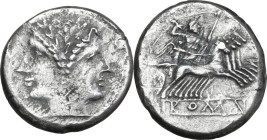 Anonymous. AR Debased Quadrigatus, Capua, 215 BC. Obv. Laureate Janiform head of Dioscuri. Rev. Jupiter in quadriga right, driven by Victory; in relie...