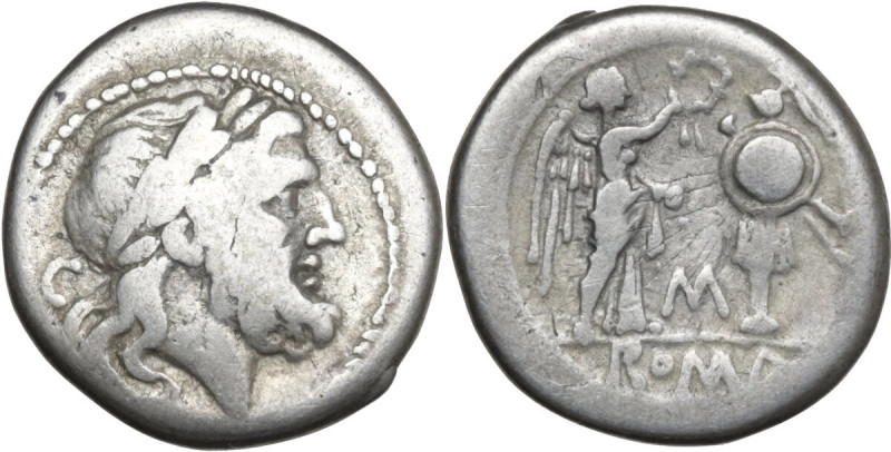 C/M series. AR Victoriatus, South Italy mint, 214 BC. Obv. Laureate head of Jupi...