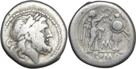 C/M series. AR Victoriatus, South Italy mint, 214 BC. Obv. Laureate head of Jupiter right; behind, C. Rev. Victory standing right, crowning trophy; be...