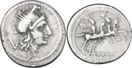 L first series. AR Quinarius, Casta Valeriana (Luceria), 214 BC. Obv. Helmeted head of Roma right (Phrygian helmet); behind, V; below, archaic L. Rev....