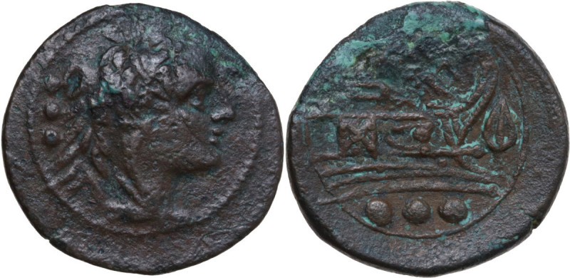 Spearhead sencond series. AE Quadrans, South East Italy, from 210 BC. Obv. Head ...