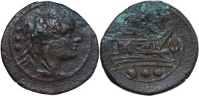 Spearhead sencond series. AE Quadrans, South East Italy, from 210 BC. Obv. Head of Hercules right, wearing lion-skin headdress; behind, three pellets....
