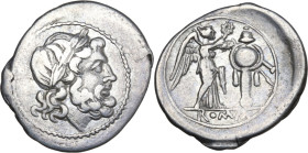 Spearhead series. AR Victoriatus, uncertain Samnite mint (Beneventum?), 214 BC. Obv. Laureate head of Jupiter right. Rev. Victory standing right, crow...
