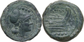 H first series. AE Triens, uncertain mint in South East Italy, 213 BC. Obv. Helmeted head of Minerva right; above, four pellets. Rev. Prow right; abov...