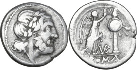 VB series. AR Victoriatus, uncertain Samnite mint (Beneventum?), 212 BC. Obv. Laureate head of Jupiter right. Rev. Victory standing right, crowning tr...