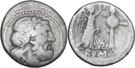 VB series. AR Victoriatus, uncertain Samnite mint (Beneventum?), 212 BC. Obv. Laureate head of Jupiter right. Rev. Victory standing right, crowning tr...