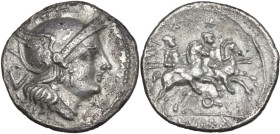 Q series. AR Quinarius, uncertain Apulian mint (Larinum?), 211 BC. Obv. Helmeted head of Roma right; behind, V. Rev. Dioscuri galloping right; below, ...