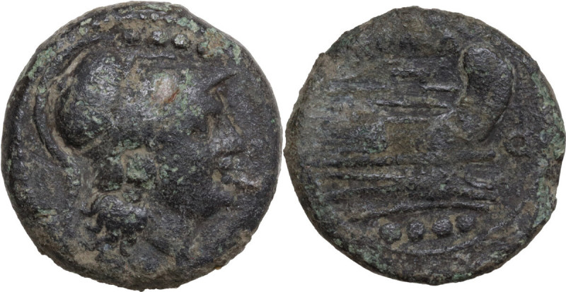 Q series. AE Triens. South East Italy c. 211-210 BC. Obv. Helmeted head of Miner...