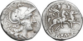 Anonymous. AR Denarius, uncertain Lucanian mint (Venusia?), 209 BC. Obv. Helmeted head of Roma right; behind, X. Rev. The Dioscuri galloping righ; in ...