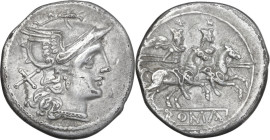Anonymous. AR Denarius, uncertain mint (Capua?), 206 BC. Obv. Helmeted head of Rome right; behind, X. Rev. The Dioscuri galloping right (capes with tr...