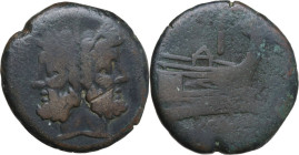 Anonymous Sextantal series. AE As, after 211 BC. Obv. Laureate head of Janus; above, I. Rev. Prow of galley right; above, I; below, ROMA. Cr. 56/2. AE...
