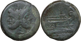 Anonymous Sextantal series. AE As, after 211 BC. Obv. Laureate head of Janus; above, I. Rev. Prow of galley right; above, I; below, ROMA. Cr. 56/2. AE...