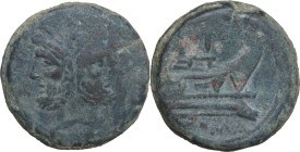 Anonymous Sextantal series. AE As, after 211 BC. Obv. Laureate head of Janus; above, I. Rev. Prow of galley right; above, I; below, ROMA. Cr. 56/2. AE...