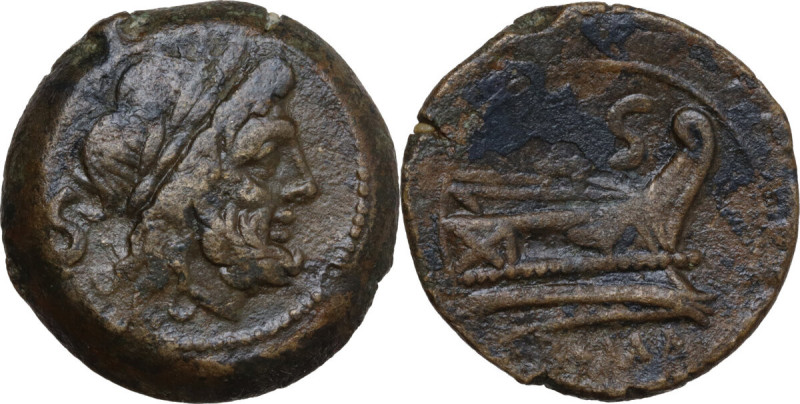 Anonymous Sextantal series. AE Semis, after 211 BC. Obv. Laureate head of Saturn...