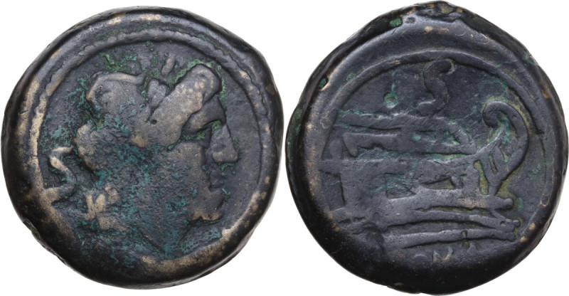 Anonymous Sextantal series. AE Semis, after 211 BC. Obv. Laureate head of Saturn...