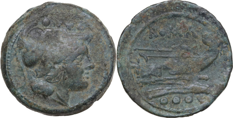 Anonymous Sextantal series. AE Triens, after 211 BC. Obv. Helmeted head of Miner...