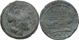 Anonymous Sextantal series. AE Triens, after 211 BC. Obv. Helmeted head of Minerva right, wearing beaded necklace; above, four pellets. Rev. Prow of g...