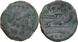Anonymous Sextantal series. AE Triens, after 211 BC. Obv. Helmeted head of Minerva right, wearing beaded necklace; above, four pellets. Rev. Prow of g...