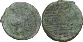 Anonymous Sextantal series. AE Triens, after 211 BC. Obv. Helmeted head of Minerva right, wearing beaded necklace; above, four pellets. Rev. Prow of g...