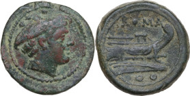 Anonymous Sextantal series. AE Sextans, after 211 BC. Obv. Head of Mercury right, wearing winged petasos; above, two pellets. Rev. Prow right; above, ...