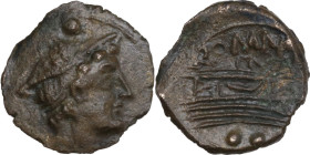 Minturnae' Second Punic War issue. AE Sextans, after 211 BC. Obv. Head of Mercury right, wearing petasus; above, two pellets. Rev. ROMA. Prow right; b...