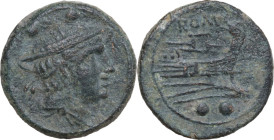 Anonymous Sextantal series. AE Sextans, after 211 BC. Obv. Head of Mercury right, wearing winged petasos; above, two pellets. Rev. Prow right; above, ...