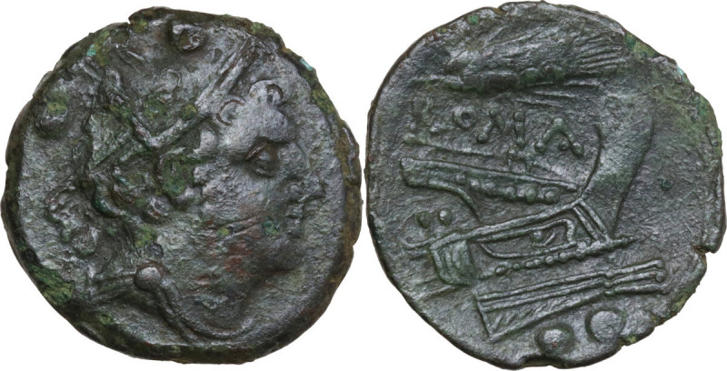 Corn-ear second series. AE Sextans, uncertain mint in Sicily, 211-210 BC. Obv. H...