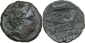 Corn-ear second series. AE Sextans, uncertain mint in Sicily, 211-210 BC. Obv. Head of Mercury right, wearing winged petasos; above, two pellets. Rev....