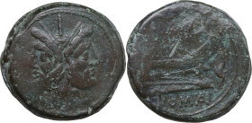 Dolphin series. AE As, uncertain Campanian mint (Puteoli?), 210 BC. Obv. Head Janus; above, I. Rev. Prow right; above, I; before, dolphin; below, ROMA...