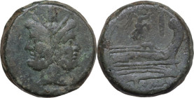 Victory series. AE As, Uncertain Campanian mint (Castra Claudiana?), 211 BC. Obv. Laureate head of Janus; above, mark of value I. Rev. Prow right; abo...