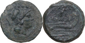 Victory series. AE Triens, Uncertain Campanian mint (Castra Claudiana?), 211 BC. Obv. Helmeted head of Minerva right; above, four pellets. Rev. Prow r...