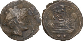 Victory series. AE Sextans, Uncertain Campanian mint (Castra Claudiana?), 211 BC. Obv. Head of Mercury right; above, two pellets. Rev. Prow right; abo...