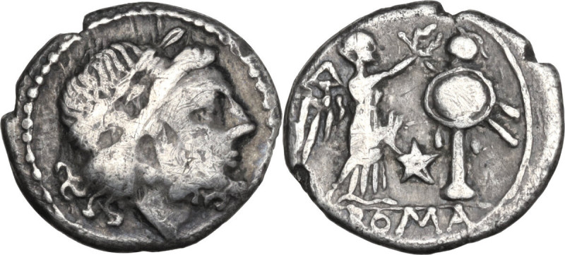 Pentagram series. AR Victoriatus, uncertain Spanish mint, 210 BC. Obv. Laureate ...