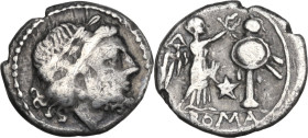 Pentagram series. AR Victoriatus, uncertain Spanish mint, 210 BC. Obv. Laureate head of Jupiter right. Rev. Victory standing right, crowning trophy; b...