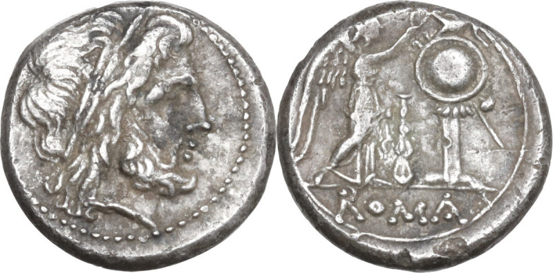 Club series. AR Victoriatus, uncertain Lucanian mint (Venusia?), 209 BC. Obv. La...