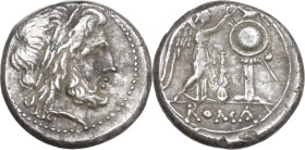 Club series. AR Victoriatus, uncertain Lucanian mint (Venusia?), 209 BC. Obv. Laureate head of Jupiter right. Rev. Victory standing right, crowning tr...