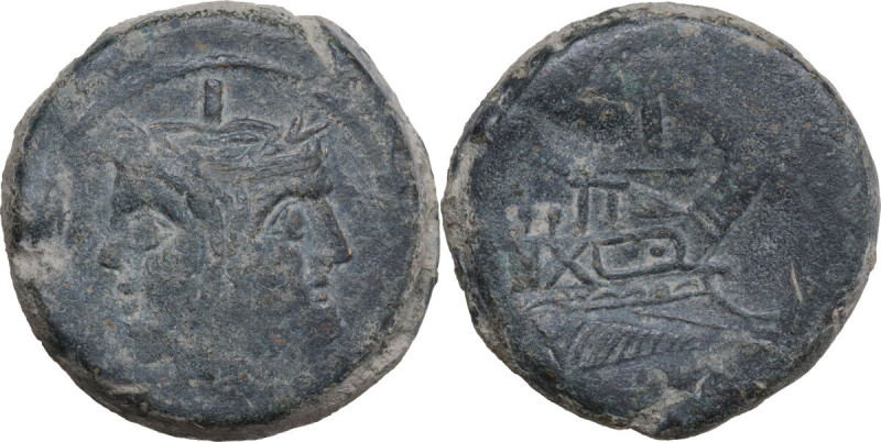 Staff and club series. AE As, uncertain mint (Etruria?), from 210 BC. Obv. Laure...