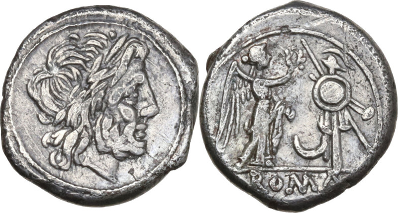 Crescent series. AR Victoriatus, uncertain Campanian mint, 207 BC. Obv. Laureate...