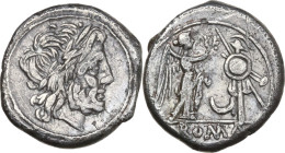 Crescent series. AR Victoriatus, uncertain Campanian mint, 207 BC. Obv. Laureate head of Jupiter right. Rev. Victory standing right, crowning trophy; ...