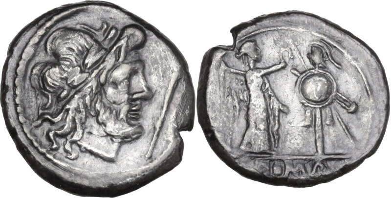 Scipio at obverse series. AR Victoriatus, uncertain mint (Capua?) 206 BC. Obv. L...