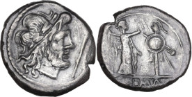 Scipio at obverse series. AR Victoriatus, uncertain mint (Capua?) 206 BC. Obv. Laureate head of Jupiter right; before, staff. Rev. Victory standing ri...