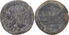 Staff series. AE Semis, uncertain Campanian mint (Capua?), c. 206 BC. Obv. Laureate head of Saturn right; behind, S. Rev. Prow right; above, staff; be...