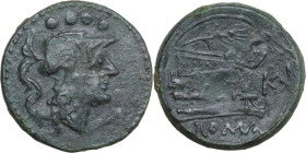 Corn-ear and KA series. AE Triens, Sicily (Catana/Siracusae), from 211 BC. Obv. Helmeted head of Minerva right; above, four pellets. Rev. Prow right; ...