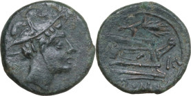 Corn-ear and KA series. AE Sextans, Sicily (Catana/Siracusae), from 211 BC. Obv. Head of Mercury right; above, two pellets. Rev. Prow right; above, co...