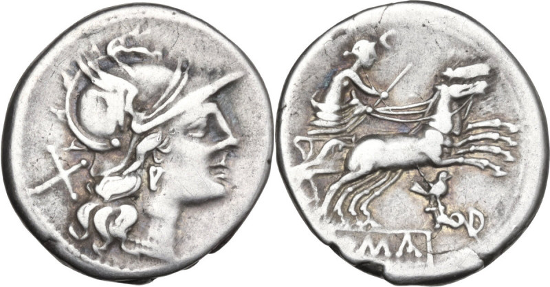 Bird and TOD series. Fourreè (?) Denarius, Rome, 205 BC. Obv. Helmeted head of R...