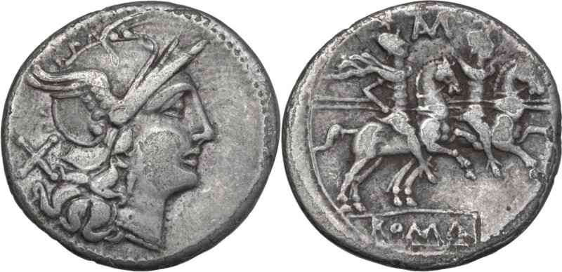 TAMP series. AR Denarius, Roma, 204 BC. Obv. Helmeted head of Roma right; behind...