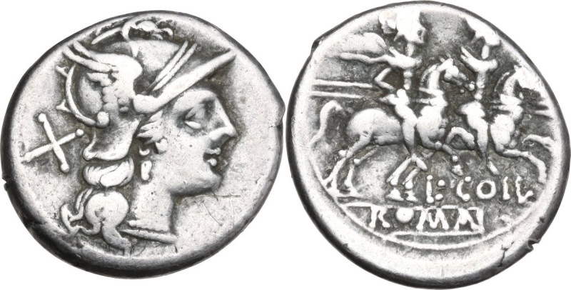 L·COIL series. AR Denarius, Roma, 203 BC. Obv. Helmeted head of Roma right; behi...